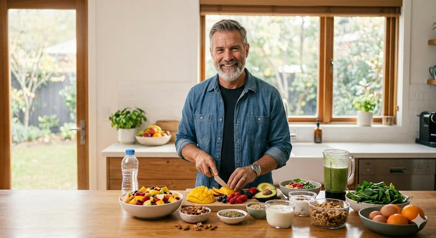 hormone-support-foods-men-over-40 Healthy whole foods including salmon, eggs, avocado, greens, and berries supporting hormone balance