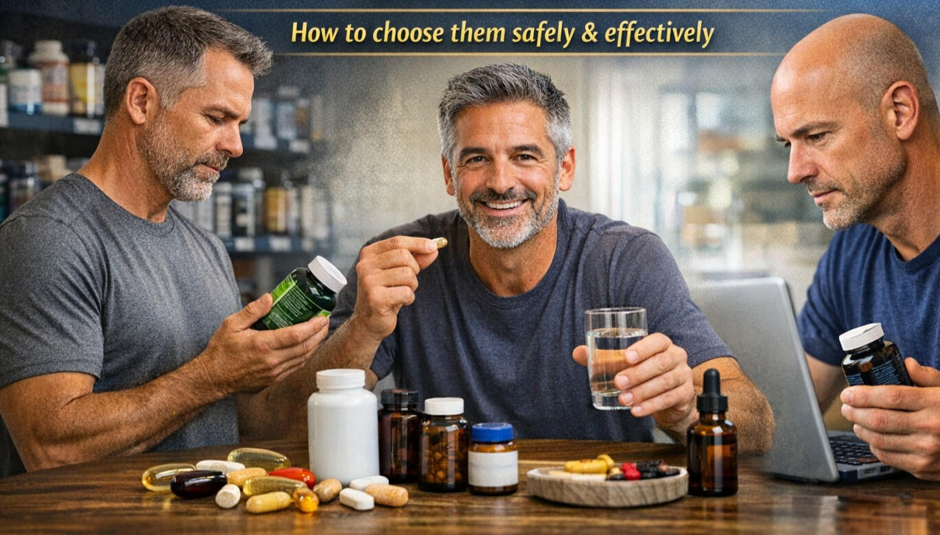 Middle-aged men reviewing and taking dietary supplements, representing hormone balance support and safe supplement choices for men over 40