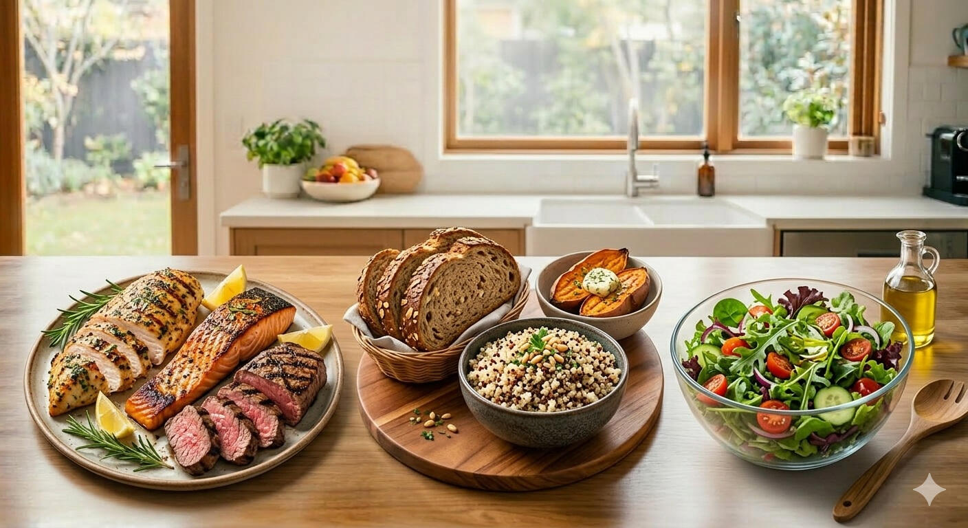 Simple balanced meals including eggs, chicken salad, salmon, vegetables and healthy snacks