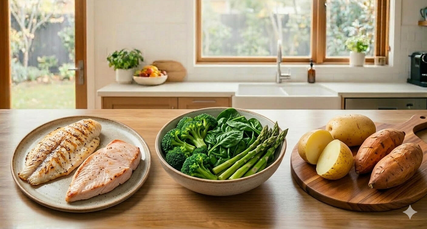 healthy dinner options over 40;Fish or lean meat Vegetables (broccoli, spinach, asparagus),Light carbs (potatoes or sweet potatoes)