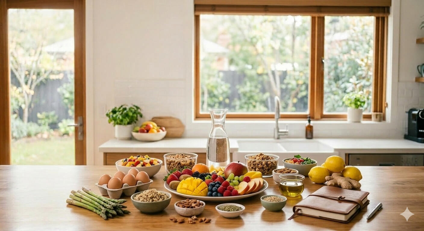 Healthy natural whole foods including salmon, eggs, avocado, greens, and berries supporting hormone balance