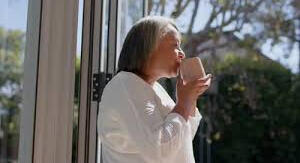 Middle-aged woman enjoying a peaceful daily routine at home with soft natural light