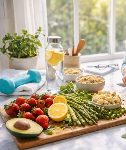woman over 40 preparing healthy meal in a bright kitchen with natural light