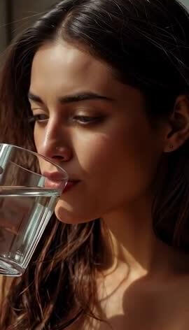 middle aged woman drinking water by window in the morning sunlight