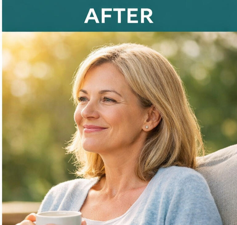 middle aged woman relaxing on sofa with tea in a cozy home environment
