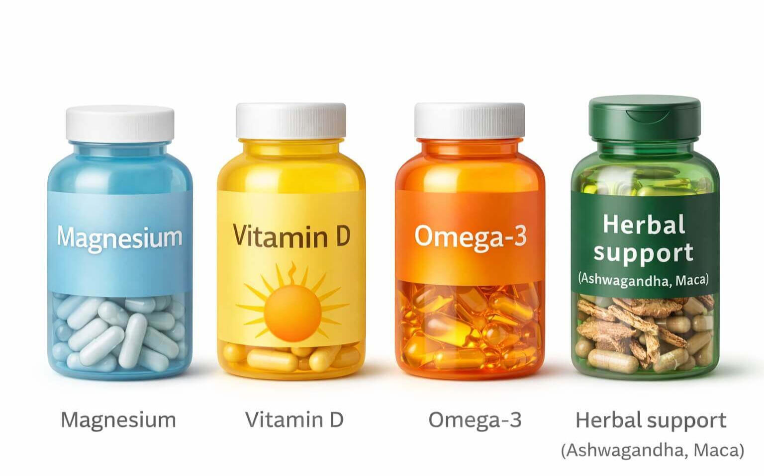 supplements-women-over-40-magnesium-vitamin-d-omega3-herbal supplements for women over 40 including magnesium vitamin d omega 3 and herbal support displayed in a clean row