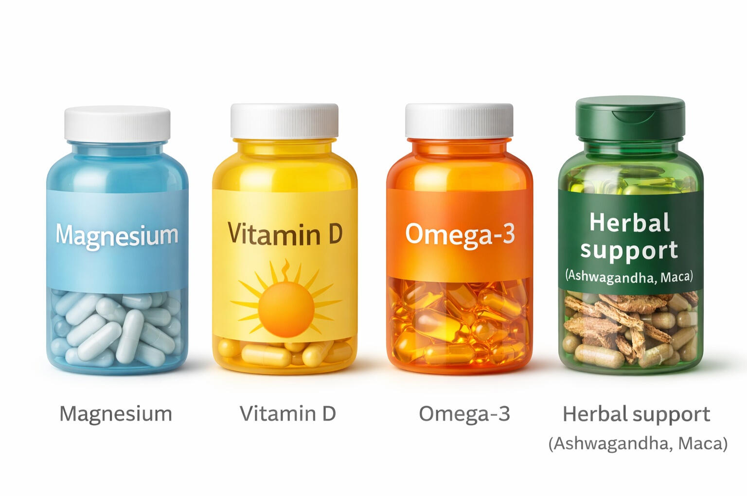 supplements-women-over-40-magnesium-vitamin-d-omega3-herbal supplements for women over 40 including magnesium vitamin d omega 3 and herbal support displayed in a clean row