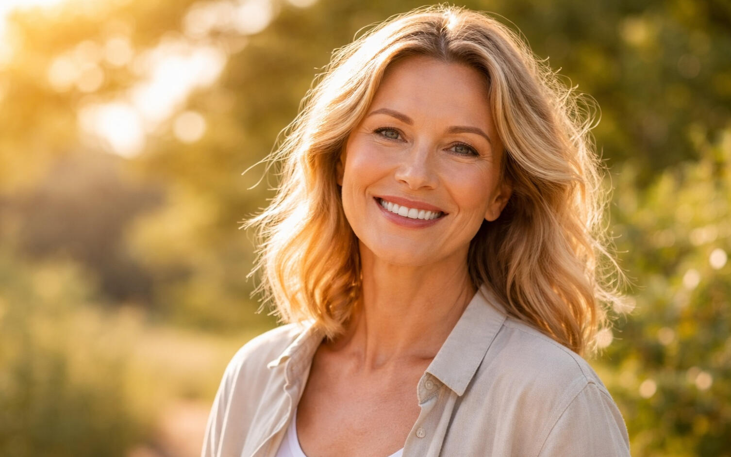 confident-woman-over-40-smiling-sunlight middle aged woman smiling in warm sunlight representing confidence and natural vitality